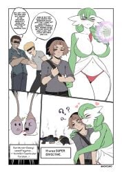 big_breasts blush bodily_fluids breasts brown_eyes brown_hair bullying cleavage closed_eyes clothed clothing daisy_(luxurias) dialogue digital_media_(artwork) english_text family_guy_death_pose female gardevoir generation_3_pokemon green_hair hair hat headgear headwear heart_symbol hi_res hug human humanoid larger_female larger_humanoid male mammal navel nintendo not_furry noxcuro panties pokemon pokemon_(species) pokephilia protective question_mark simple_background size_difference smaller_human smaller_male smile speech_bubble tears testicle_x-ray testicular_torsion text underwear white_background white_body wide_hips yamcha_death_pose