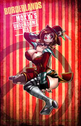 2012 ass boots borderlands bra_cups_sticking_out breasts choker cleavage female_only fishnets ittoryu24 large_breasts mad_moxxi makeup running_mascara runny_makeup stockings thighs top_hat