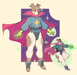 1boy angry anthro ass big_thighs big_waist canine cape cute_expression cute_face cute_male dog femboy front_view gloves invincible magic male pose seance_dog_(invincible) side_view small_bulge smile solspaghetti spots spots_(marking) thighs