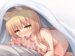 1boy animal_ears blush breasts brown_eyes brown_hair cat_ears cat_tail censored censored_by_text erection fellatio female futon heart heart-shaped_pupils highres iris_mysteria! large_breasts laura_kelyrie licking licking_penis nude oral penis precum raised_inner_eyebrows symbol-shaped_pupils tail tongue tongue_out yuu_(yumezakura)