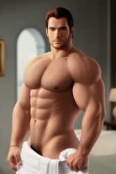 ai_generated athletic bodybuilder chestnut_hair human human_only hyper hyper-masculine hyper_masc hyper_muscles light-skinned_man light_skin male masculine masculine_man men_only muscles muscular muscular_arms muscular_man pale_skin stubble towel towel_only unrealistic_body_standards