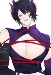 bl black_hair bondage boob_window breasts demon demon_horns demon_humanoid demon_lord gay heterochromia leather lip_piercing male male_only muscular muscular_arms muscular_male muscular_pecs pale_skin pecs pecs_out piercing purple_hair red_eyes red_rope shinichi_kai shinichi_kai_(vtuber) smile smirk streamer tits_out twitch twitch_streamer twunk virtual_streamer virtual_youtuber vstreamer vtuber yaoi