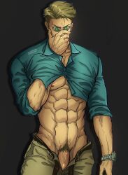 bara blonde_hair bulge bulge_through_clothing clothing daddy jujutsu_kaisen kento_nanami male male_nipples male_only male_pubic_hair manly mature_male muscular_male nipples penis tight_clothing