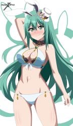 belly belly_button bikini breasts bunny_ears cleavage clothed date_a_live female_only green_eyes green_hair hat indexryo light-skinned_female long_hair natsumi_(date_a_live) solo solo_female thighs