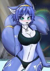 1girls alluring anthro athletic_female big_breasts bloodlustfox_(artist) blue_fur bra cleavage drfoxxbutt female_abs female_fox fit_female green_eyes krystal nintendo panties solo star_fox star_fox_assault tattoo underwear voluptuous