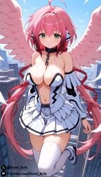 ai_generated angel_wings boots broken_chain chains city city_background cleavage collar dress fly flying green_eyes gumi_arts ikaros large_breasts long_hair navel pink_hair ribbon robot_ears sidelocks skirt sora_no_otoshimono stable_diffusion thick_thighs thighhighs twintails wings