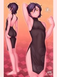 adrian_(cabronpr) angry annoyed armpit armpits cabronpr cheongsam chinese_clothes chinese_dress feet flat_chest holding_ass holding_butt holding_own_ass original original_character qipao qipao_dress short_hair small_breasts tomboy