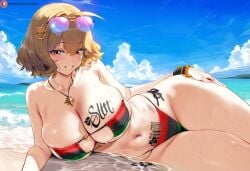 1girls ai_generated anis_(nikke) beach bikini goddess_of_victory:_nikke himeno large_breasts netorare pan_african_flag_bikini queen_of_spades spade_tattoo