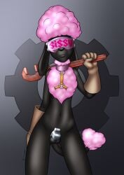 2024 anthro balls biped black_body black_nose canid canine canis chastity_cage chastity_device chest_tuft clothing collar danaume domestic_dog drone english_text femboy floppy_ears fluffy fluffy_hair front_view genitals gloves hair handwear harness hi_res holding_object holding_tool holding_wrench male mammal mind_control mostly_nude navel pink_hair poodle solo standing tail tail_tuft text tools tuft visor wrench