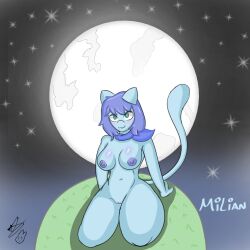 1:1 anthro blue_body blue_hair breasts female generation_1_pokemon genitals green_eyes hair hi_res legendary_pokemon mew mew_(pokemon) milian_(mew_lindo) moon navel nintendo pokemon pokemon_(species) pussy scarf shiny_pokemon solo tail xsupermixpjs