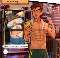 abs alex_mullner background bikini bleeding_nose blushed boner boner_in_pants boner_under_clothes brown_hair brunette_female brunette_hair brunette_male farmer_(stardew_valley) glasses glasses_on_face green_eyes male_nipples masculine nipples_visible_through_bikini nipples_visible_through_bra nipples_visible_through_clothing nosebleed part_2 saruna sarunacuso sequence_(comic) sequential snapchat snapchat_sexting stardew_valley straight stripes surprised surprised_expression sweat sweatdrop sweating too_horny towel_around_neck training water_bottle working_out workout workout_clothes