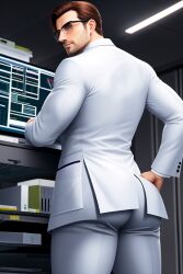 ai_generated ass athletic bubble_butt butt butt_focus gay glasses human human_only laboratory laboratory_equipment light-skinned_male light_skin male man men_only muscular_man pale_skin scientist tight_clothing unifrom