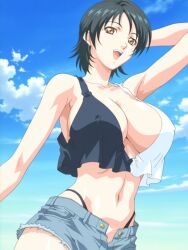 1girls accurate_art_style adult adult_female ai_generated arm_behind_head bare_breasts bare_shoulders bible_black big_breasts black_hair blue_sky blush breast_focus breasts busty clouds denim denim_shorts erect_nipples erect_nipples_under_clothes exhibitionism exhibitionist facing_viewer female female_only female_pubic_hair front_view g-string highleg highleg_panties jorkingston large_breasts makeup mature mature_female milf minase_yukiko nipples nipples_visible_through_clothing no_bra no_bra_under_clothes one_arm_behind_head one_arm_up open_clothes open_fly open_shorts oppai outdoors panties pinup pose posing posing_for_the_viewer pubic_hair public public_indecency retro_artstyle revealing_clothes sagging_breasts shameless shirt shirt_lift short_shorts shorts skimpy skimpy_clothes skirt skirt_lift smile solo solo_focus standing tank_top town two-tone_shirt unbuttoned unbuttoned_shorts voluptuous wedgie yellow_eyes young_adult young_adult_female