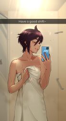 1girls 2d dispatch_(game) english_text female female_only invisigal mirror_selfie purple_hair shoog short_hair solo solo_female tease teasing towel towel_only wet wet_body