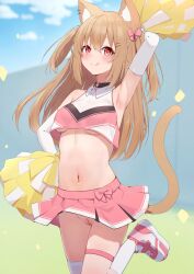 absurdres animal_ears arm_up armpits blue_sky breasts brown_hair cat_ears cat_girl cat_tail cheerleader cloud commentary_request day female highres hinata_(user_rjkt4745) holding holding_pom_poms long_hair looking_at_viewer medium_breasts no_panties original outdoors pink_skirt pom_pom_(cheerleading) pom_poms pussy red_eyes skirt sky solo standing standing_on_one_leg tail two_side_up underboob