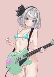 1girls bikini bikini_top_only blue_eyes bow female female_only frown grey_hair guitar guitar_strap hairbow highres instrument konpaku_youmu light-skinned_female light_skin plectrum pussy ribs soara_shimomo solo solo_female sweat swimsuit touhou
