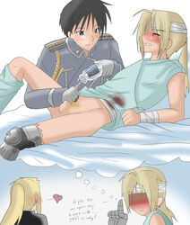 angelofhapiness automail bandage bandaged_arm bandaged_torso blonde_hair bloody_bandage bloody_clothes blush bottle clothes color cum edward_elric ejaculation female fullmetal_alchemist gay hair handjob human male mechanical_arm mechanical_leg medical multiple_males penis penis_milking roy_mustang stained_clothes winry_rockbell yaoi