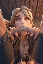 1girls 2boys 3d ai_generated blonde_hair cum cum_in_mouth cum_on_face double_barrel_blowjob double_handjob female fortnite joni_(fortnite) on_knees red_eyes shindhas