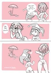 ! 1boy 2girls back_boob bikini bikini_bottom bikini_top blush clothing english_commentary english_text female flashing flashing_breasts flat_chest glitch_productions group human jax_(the_amazing_digital_circus) jizoku monochrome pale_skin pomni_(the_amazing_digital_circus) ragatha_(the_amazing_digital_circus) sideboob speech_bubble sun_chair surprised swimwear the_amazing_digital_circus tube_top tubetop