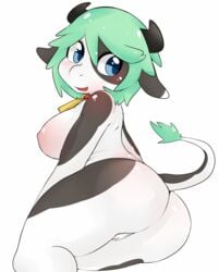 anthro areola ass berseepon09 big_butt blue_eyes bovine breasts cattle collar cute digital_media_(artwork) female green_hair hair hi_res horn looking_back mammal moe moo nude open_mouth pussy simple_background soft solo