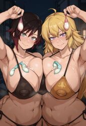 2girls ai_generated armpits black_hair blonde_hair condom condom_accessories cum_on_breasts facial huge_breasts huge_nipples night nipple_bulge ruby_rose rwby swimsuit used_condom yang_xiao_long