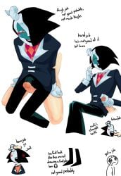 abstract_character bulge clothed clothed_male clothed_sex dialogue english_text gay gay_sex handjob maigo_(rewrite) maigo_(sonic.exe) male/male nude nude_male penis smile sonic.exe_(series) thigh_sex yaoi