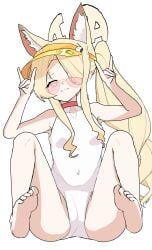 blonde-haired_female blonde_female blonde_hair blue_archive collar feet fox halo looking_over_eyewear looking_over_sunglasses pink_glasses seia_(blue_archive) seia_(swimsuit)_(blue_archive) sisho smile smiling_at_viewer soles sunglasses swimsuit swimwear tinted_eyewear toes white_swimsuit