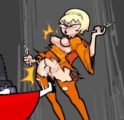 ahe_gao assisted_exposure breasts chainsaw cuntbusting cutting_clothes exposed_breasts exposed_pussy gnosticin3d homestuck kanaya_maryam kick_in_the_crotch kicking partially_clothed ripped_clothing rose_lalonde ryona squirting yuri