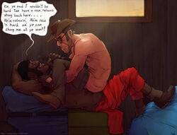 2boys anal_penetration anal_sex australian_hat boots booze bottle closed_eyes cowgirl_position dark-skinned_male demoman facial_hair fingerless_gloves five_o'clock_shadow frown functionally_nude gay grin hand_on_head hands_on_shoulders hat holding_object male male_focus male_only mostly_nude mustache no_visible_genitalia pants_down penetration sitting_on_lap sitting_on_penis sniper sniper_(team_fortress_2) sunglasses tagme team_fortress_2 tinted_eyewear topless undressing watch_cap yang yangpuppy yaoi