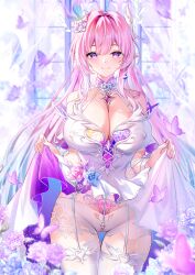 1girls absurdres akusamu ass_visible_through_thighs bare_arms bare_shoulders blue_hair blush breasts bug butterfly cameltoe cleavage closed_mouth clothes_lift clothing_cutout collarbone covered_nipples cyrene_(honkai:_star_rail) cyrene_(ripples_of_past_reverie)_(honkai:_star_rail) diamond-shaped_pupils diamond_(shape) dress dress_lift female female_only fingernails flower garter_straps gradient_hair hair_flower hair_ornament heart_cutout highres honkai:_star_rail honkai_(series) huge_breasts lifted_by_self lifting_own_clothes long_fingernails long_hair looking_at_viewer multicolored_hair nail_polish pearl_thong pink_hair pink_nails pointy_ears pubic_tattoo purple_butterfly purple_eyes purple_flower purple_rose rose short_shorts shorts shoulders sidelocks skirt_lift smile solo standing stomach symbol-shaped_pupils tattoo thick_thighs thigh_gap thighhighs thighs upskirt variant_set very_long_hair white_dress white_garter_straps white_shorts white_thighhighs wide_hips