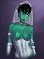 1girls breasts bridal_veil bride choker cum cum_on_upper_body cumdrip dot_matrix facial female green_hair green_skin nipples off_shoulder reboot short_hair simple_background solo sunsetriders7 wedding_attire wedding_dress wedding_veil