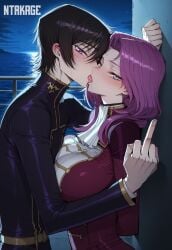 1boy 1girl ai_generated code_geass cornelia_li_britannia cuckold drooling female french_kiss french_kissing heart hi_res highres kissing lelouch_lamperouge looking_at_viewer middle_finger netorare ntr ntrkage