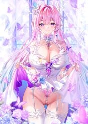 1girls absurdres akusamu ass_visible_through_thighs bare_arms bare_shoulders blue_hair blush breasts bug butterfly cleavage cleft_of_venus closed_mouth clothes_lift collarbone covered_nipples cyrene_(honkai:_star_rail) cyrene_(ripples_of_past_reverie)_(honkai:_star_rail) diamond-shaped_pupils diamond_(shape) dress dress_lift female female_only fingernails flower garter_straps gradient_hair hair_flower hair_ornament highres honkai:_star_rail honkai_(series) huge_breasts lifted_by_self lifting_own_clothes long_fingernails long_hair looking_at_viewer multicolored_hair nail_polish partially_visible_vulva pearl_thong pink_hair pink_nails pointy_ears pubic_tattoo purple_butterfly purple_eyes purple_flower purple_rose pussy rose shoulders sidelocks skirt_lift smile solo standing stomach symbol-shaped_pupils tattoo thick_thighs thigh_gap thighhighs thighs upskirt variant_set very_long_hair white_dress white_garter_straps white_thighhighs wide_hips
