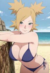 1girls adapted_costume against_natural_surface against_surface ai_generated arm_support beach big_breasts bikini bikini_bottom bikini_top blonde_hair blue_bikini blush boruto:_naruto_next_generations breast_focus breasts busty cleavage curvaceous curvy curvy_body curvy_female curvy_figure female female_focus female_only hi_res hourglass_figure hourglass_figured_female huge_breasts large_breasts light-skinned_female light_skin mature mature_female midriff milf naruto naruto_(series) outdoors pinup ponytail quad_tails revealing_swimsuit sagging_breasts seaside side-tie_bikini side-tie_bikini_bottom skimpy skimpy_bikini solo solo_focus swimsuit teal_eyes temari thick_thighs thighs top_heavy upper_body voluptuous voluptuous_female wet wet_skin wide_hips