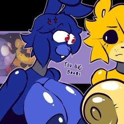 2girls big_breasts bonnie_(fnaf) breasts female female_only five_nights_at_freddy's giant_breasts gigantic_breasts golden_freddy_(fnaf) huge_breasts large_breasts massive_breasts reference_image rule_63 staring staring_at_breasts stormkinght text uncomfortable