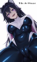1girls ai_generated ass bodysuit breasts cameltoe cleft delta delta_(the_eminence_in_shadow) face_mark fangs focus from hood juicy juicy_ass large lateral looking mask of pussy selfie shy spider suit the thighs venus view viewer white_bacground wolf wolf_ears