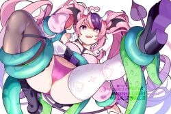 ahoge ass breasts caught cleavage demon_girl demon_horns demon_tail female hair_ornament head_wings heart heart_ahoge heart_hair_ornament heterochromia high_heels horns hotvr imminent_penetration indie_virtual_youtuber ironmouse large_breasts legs open_mouth panties pink_eyes pink_hair purple_hair spread_legs tail tentacle thick_thighs thighhighs thighs trapped twintails underwear virtual_youtuber white_background wings