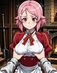 1boy ai_generated apron axe bangs blush breast_grab breasts buttons closed_mouth clothing collared_shirt dress female fire fireplace freckles frilled_apron frills grabbing grabbing_another's_breast groping hair_ornament hairclip indoors jousneystudio juliet_sleeves large_breasts lisbeth lisbeth_(sao) long_sleeves looking_at_viewer male medium_breasts motion_lines neck_ribbon pink_eyes pink_hair planted pov_hands puffy_sleeves red_dress red_eyes red_ribbon red_skirt ribbon shinozaki_rika shirt short_hair solo_focus straight sword sword_art_online trembling upper_body waist_apron weapon white_apron white_shirt