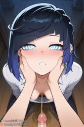 1boy 1girls ai_generated blue_eyes blue_hair blush boosty_username breasts downblouse drooling earrings female genshin_impact hoyoverse hypnosis jewelry kirill782 looking_at_viewer mind_control multicolored_hair peeing penis pov saliva shirt short_hair stable_diffusion telegram_username urine watermark white_shirt yelan_(genshin_impact)
