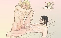 2boys abs anal_penetration anal_sex beard black_hair blonde_hair closed_eyes erect_nipples erection facial_hair gay hand_on_penis heart-eater leg_lift leg_on_shoulder leg_slider_position legs_held_open looking_at_partner male male_only metal_gear metal_gear_solid metal_gear_solid_2 nude pecs pointed_ears questionable_consent raiden raiden_(metal_gear) spread_legs tagme uncut vamp yaoi