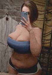 3d bare_shoulders bathrobe belly blue_eyes brown_hair cleavage jill_valentine large_breasts navel plump resident_evil selfie short_hair short_shorts shorts smartphone stretch_marks thick_thighs toothbrush toothbrush_in_mouth vexonair