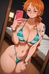 1girls ai_generated big_breasts breasts brown_eyes earrings female female_only hair long_hair mirror mirror_selfie nami_(one_piece) one_piece orange_hair phone selfie solo solo_female thick_thighs thighs waifuinvoker