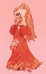 3_fingers 3_toes accessory anthro blonde_hair blue_eyes blue_sky_studios brooke_(ice_age) curly_hair feet fingers fingers_together flower flower_crown flower_in_hair flowers_in_fur fur genitals gynomorph hair hair_accessory half-erect head_tilt hi_res ice_age_(series) intersex lanolin04 mammal penis penis_decoration pilosan pink_background plant pseudo_clothing red_body red_fur simple_background sloth smile solo standing tan_body tan_fur toes xenarthran