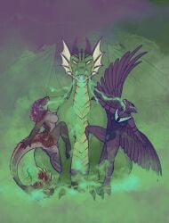 absurd_res ambiguous_gender anthro anthro_on_feral bulky collar diana dragon dragonlovers female female/ambiguous female_on_feral feral furry genitals group halloween hi_res holidays horror_(theme) leaning lyren male mythological_creature mythological_scalie mythology natoli pinup pinup_poster pose scalie slave smoke smoke_from_mouth smoke_from_nose trio umbralant vulva zoophilia