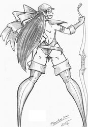 1girls 2005 bow_(weapon) elf female gauntlet_legends green_archer grey_phantom kore monochrome solo tagme thigh_boots