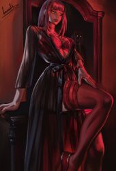 blunt_bangs bra braid chainsaw_man female glowing high_heels highres lips lunart makima_(chainsaw_man) red_bra red_hair red_nails red_shoes reflection ringed_eyes see-through_clothes shoes sitting smile thighhighs underwear yellow_eyes