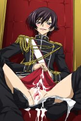 after_sex after_vaginal ai_generated black_uniform blush blushing boypussy code_geass confident creampie cum cum_drip cum_in_pussy cuntboy excessive_cum leaking_cum lelouch_lamperouge looking_at_viewer open_mouth panties post_orgasm pussy relaxed_pose seductive_smile smug solo_male spread_legs throne uncensored white_panties