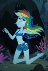 2025 ai_generated belly bikini_under_shorts black_dot_eyes black_eyebrows blue_bikini blue_body blue_shorts blue_skin bubbles deviantart drowning equestria_girls eyebrows_visible_through_hair female female_only hasbro labreed looking_up my_little_pony_equestria_girls ocean_background open_mouth purple_eyes_female rainbow_dash_(eg) rainbow_dash_(mlp) rainbow_hair sea_background solo tummy underwater underwater_view