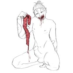 blood_drip blood_in_mouth blood_on_face cannibalism facing_viewer gore holding_object intestines kneeling male male_focus male_only nipples nude one_person original_character penis pierced_ears pierced_nose pierced_penis piercings pointy_ears septum_piercing sharp_teeth simple_background simple_coloring sketch tattoo_on_arm tattooed_arm tattoos