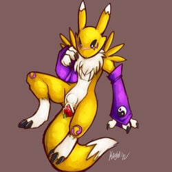 anthro barefoot blush claws color cyan_eyes digimon female female_only front_view fur furry insertion mel_the_hybrid nude renamon solo tagme tail vaginal_insertion vulva